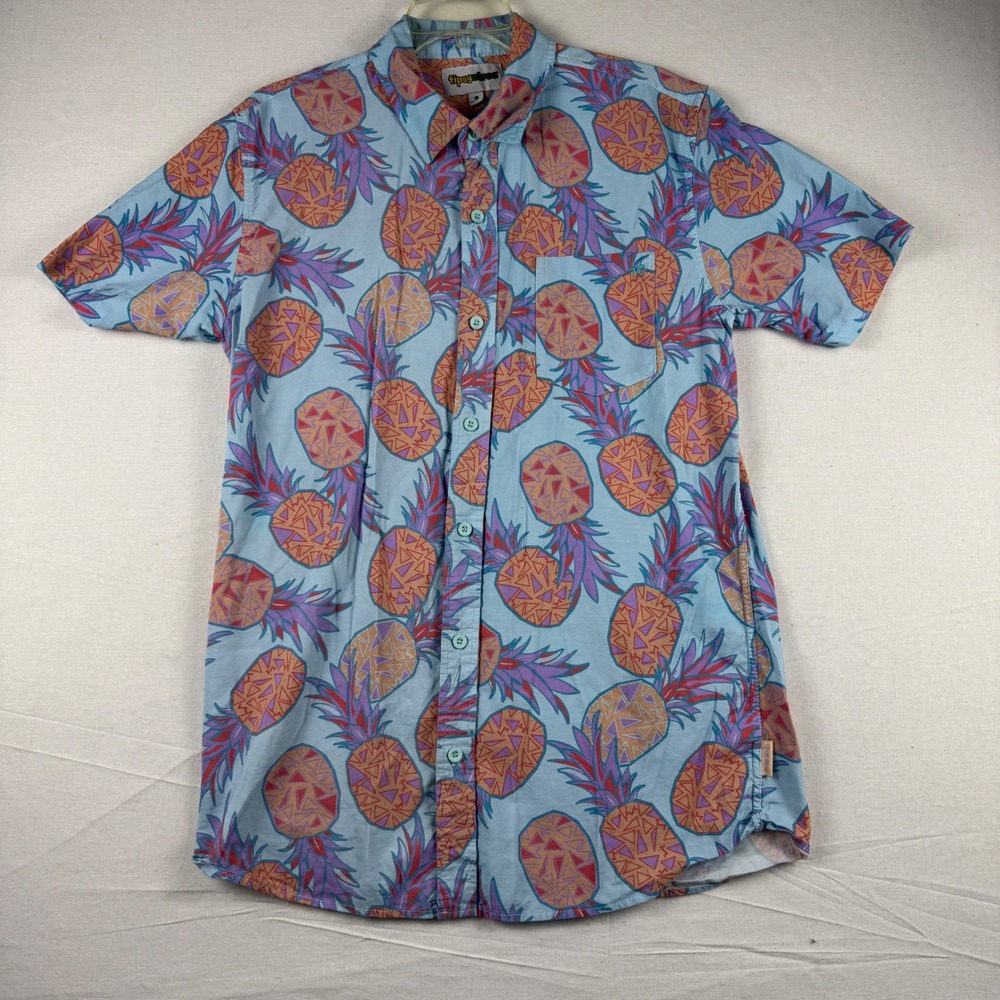 Tipsy Elves Mens Large Blue Pineapple Geometric Print Short Sleeve Button Shirt